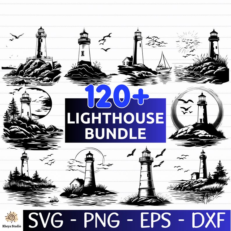 May include: A collection of black and white lighthouse illustrations. The image includes various lighthouse designs, some with birds, water, and land. Text reads "120+ LIGHTHOUSE BUNDLE" and "SVG - PNG - EPS - DXF".