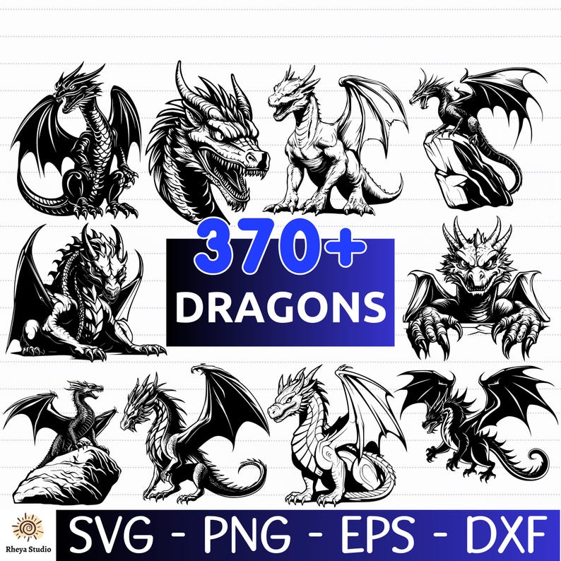 May include: A collection of 10 black and white dragon illustrations. The text "370+ DRAGONS" is in the center of the image. The text "SVG - PNG - EPS - DXF" is at the bottom of the image.