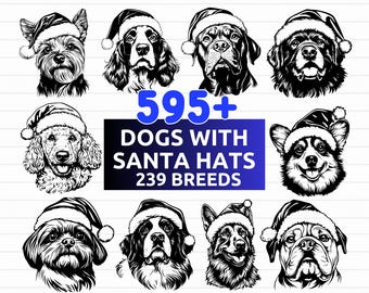 Puede incluir: Ilustraciones en blanco y negro de varias razas de perros con gorros de Papá Noel. La imagen incluye el texto "595+ DOGS WITH SANTA HATS 239 BREEDS" y opciones de archivo SVG, PNG, EPS y DXF.