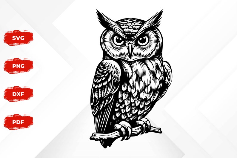 May include: Black and white illustration of an owl with detailed feathers and a fierce expression. The owl is perched on a branch with its wings folded.