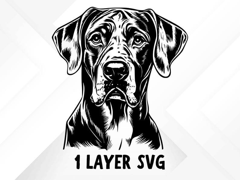 Puede incluir: Ilustraci&oacute;n en blanco y negro de la cabeza de un perro Bloodhound. El perro tiene una expresi&oacute;n seria y sus orejas son ca&iacute;das. La imagen est&aacute; etiquetada como "1 LAYER SVG".