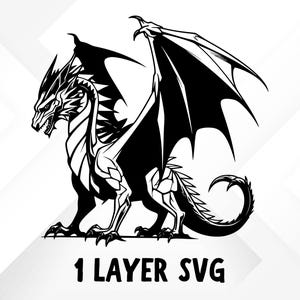 May include: Black and white silhouette of a dragon with wings spread wide. The dragon is facing left and has a long tail. The image is a single layer SVG file.