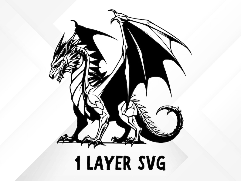 May include: Black and white silhouette of a dragon with wings spread wide. The dragon is facing left and has a long tail. The image is a single layer SVG file.
