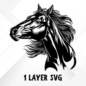 May include: Black and white silhouette of a horse's head with a flowing mane. The horse is looking to the right. The image is labeled "1 LAYER SVG".