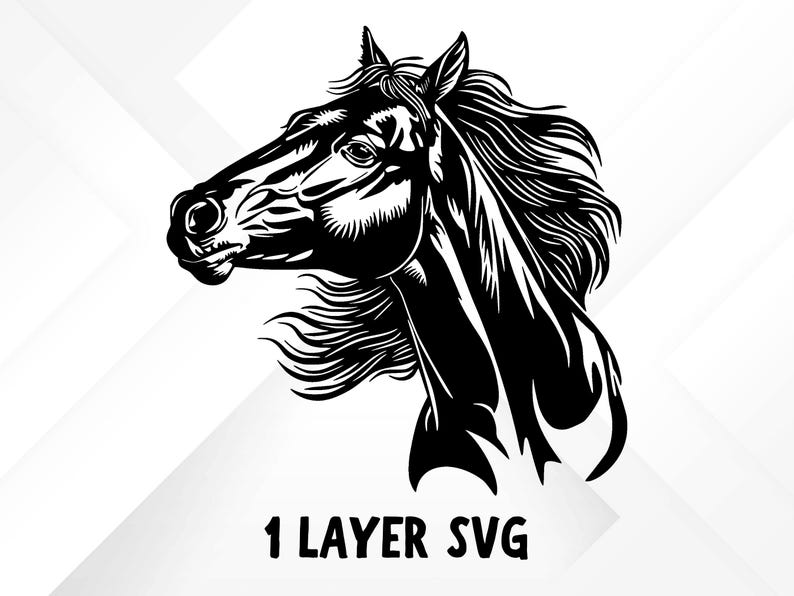 May include: Black and white silhouette of a horse's head with a flowing mane. The horse is looking to the right. The image is labeled "1 LAYER SVG".