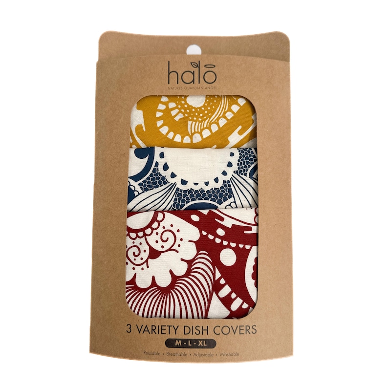 May include: A set of three dish covers in a cardboard box. The covers are made of fabric and feature different colorful patterns. The box has the text "halo" and "3 VARIETY DISH COVERS" printed on it.