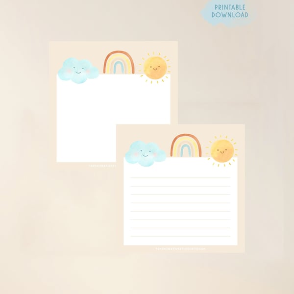 Kids printable memo pad, Cute sunshine cloud notepad, Printable stationery, Rainbow memo sheet, Kawaii art memo pad, To do notes, A4 pdf