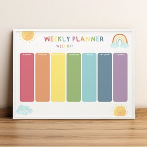 Weekly planner for kids, School routine chart, Colorful homeschool planner, Cute rainbow daily calendar, Printable weekly schedule