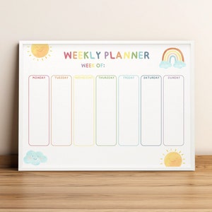 Weekly planner for kids, School routine chart, Printable homeschool planner, Cute rainbow daily calendar, Colorful weekly schedule