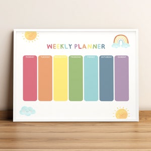 Planificador semanal colorido para niños, Gráfico de rutina escolar, Planificador de educación en el hogar, Calendario diario lindo arco iris, Horario semanal imprimible