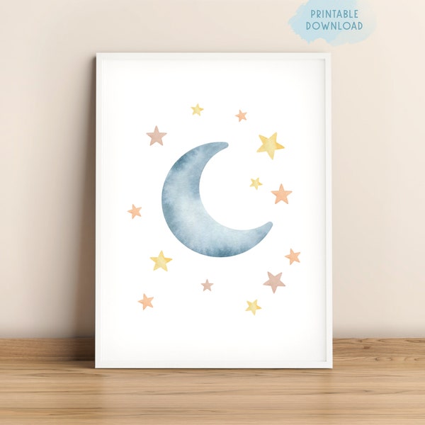 Moon and stars nursery printable wall art, celestial neutral nursery decor, minimalist watercolor kids room wall art, children room print