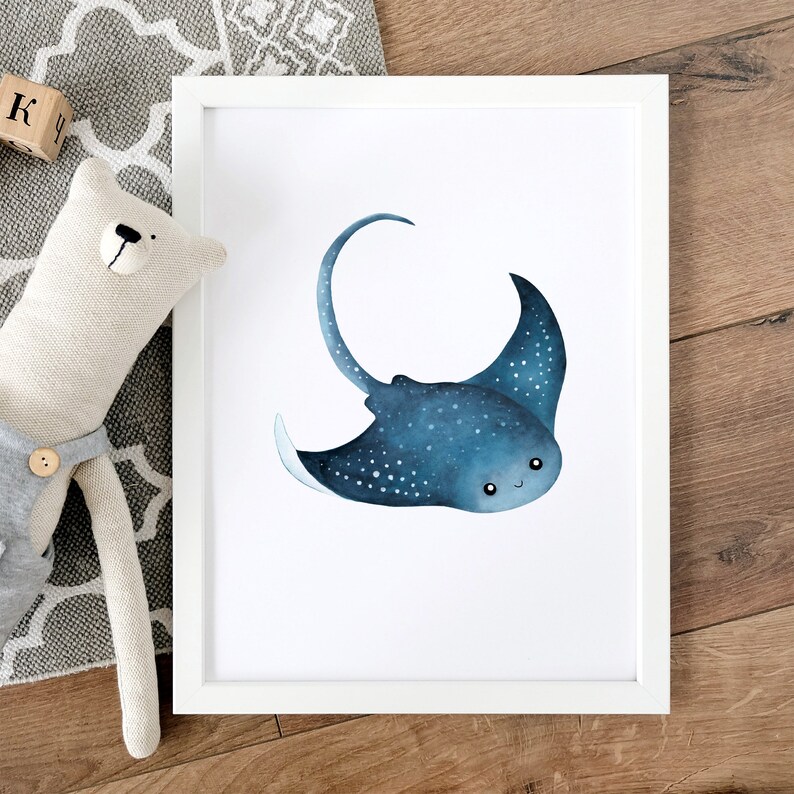 Manta Ray Watercolor Print, Sea Life Printable, Ocean Nursery Wall Art ...