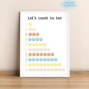 Contar hasta 10 impresos, póster de números 1-10, arte de pared educativo imprimible para niños, decoración de aula arcoíris, guardería Montessori, números de aprendizaje