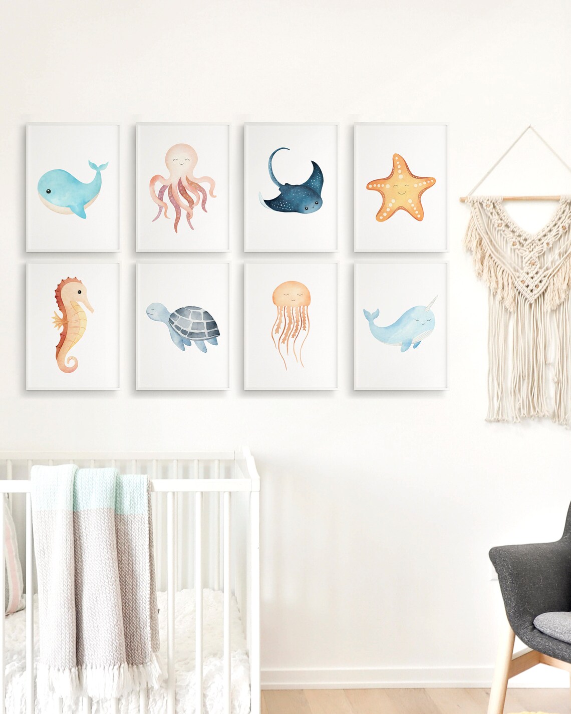 Set of 8 Sea Animal Prints, Under the Sea Nursery Wall Art, Kids ...