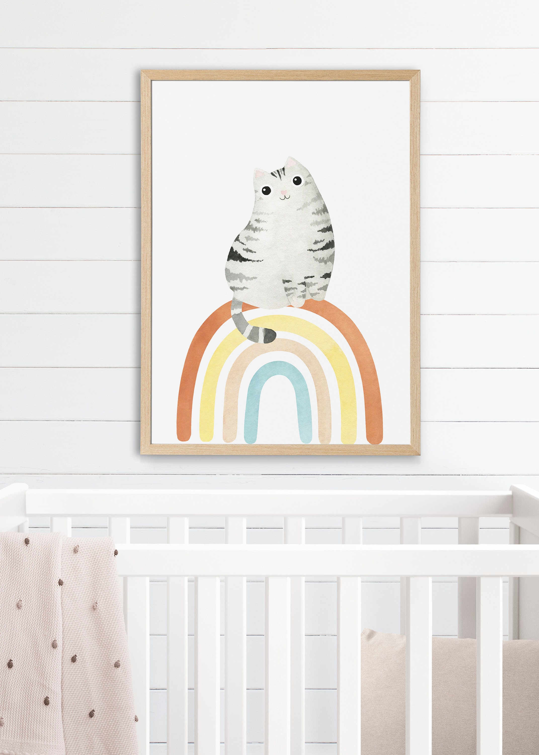 Cute Cat Nursery Printable Download, Rainbow Watercolor Wall Art, Baby ...