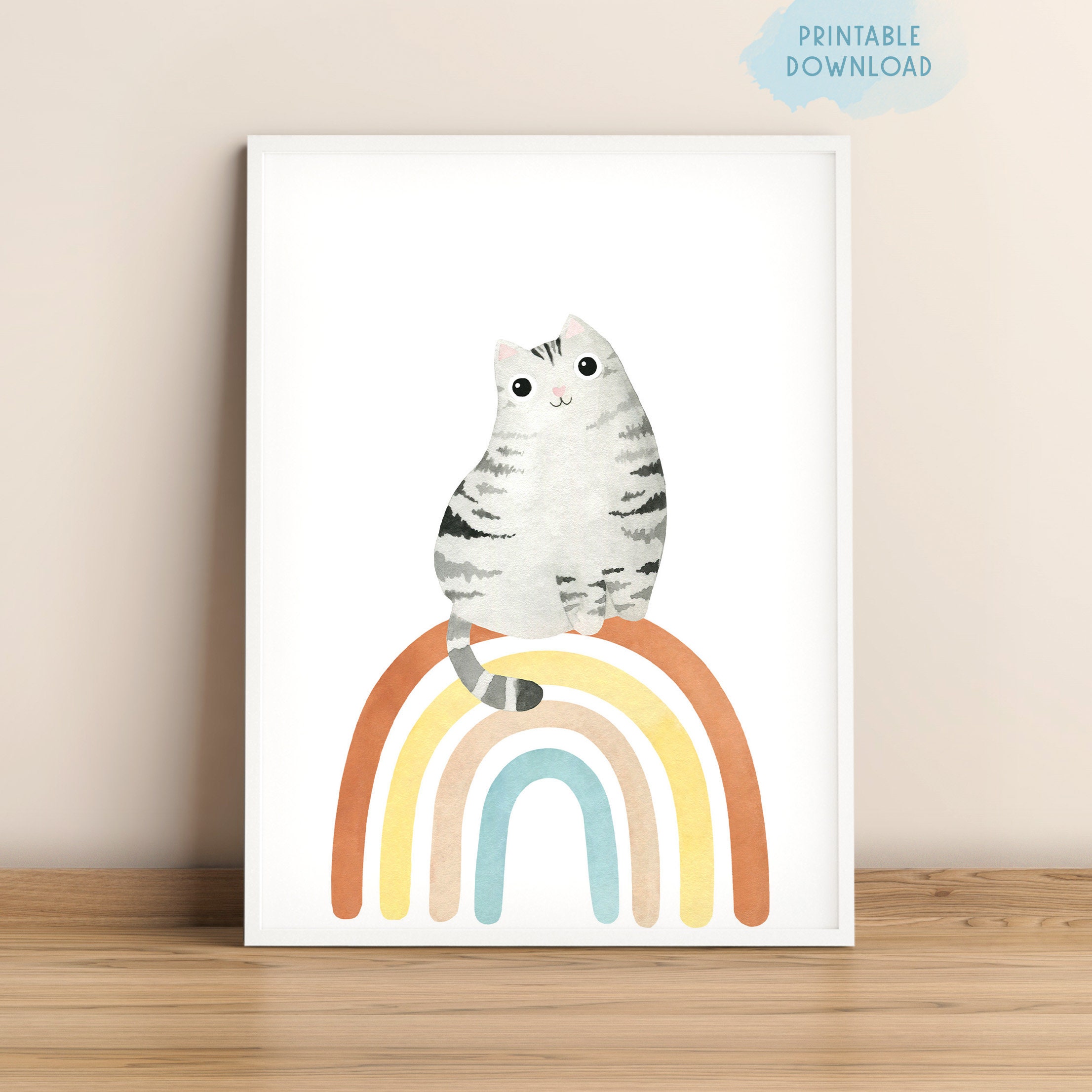 Cute Cat Nursery Printable Download, Rainbow Watercolor Wall Art, Baby ...