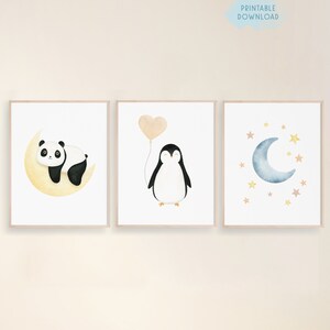 Cute nursery room prints, Panda on the moon poster, Watercolor newborn wall decor, Penguin heart balloon wall art, Moon and stars printable
