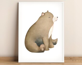 Bear nursery print, Woodland animals wall art, Forest nursery decor, Cute baby animal poster, Printable kids playroom decor, Fall season