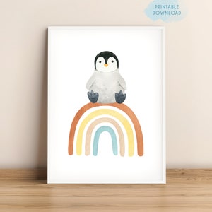 Penguin nursery printable, kids neutral wall art, cute watercolor baby penguin and a rainbow, playroom nursery decor, baby animal poster