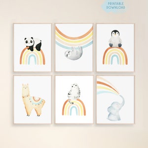 Set of 6 rainbow animal prints, Baby animal nursery wall art, Kids playroom decor, Cute nursery art bundle, Boy girl nursery printables