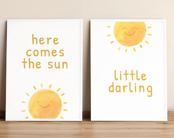 Here comes the sun nursery printable wall art, Little darling quote decor, Gender neutral nursery decor, Baby shower gift, Kids room decor