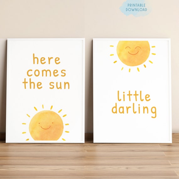 Here comes the sun nursery printable wall art, Little darling quote decor, Gender neutral nursery decor, Baby shower gift, Kids room decor