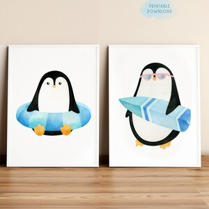 2er-Set druckbare Poster, Pool Tube, Strand Pinguine, Summer Vibes Kinderzimmer Dekor, süße Tiere Kinderzimmer Poster, Kinder Aquarell Wandkunst