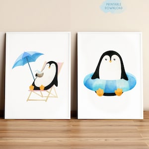 2er Set druckbare Poster, Pinguin im Urlaub, Sommer Strand vibes fürs Kinderzimmer, süße Tiere fürs Kinderzimmer, Aquarell Wandkunst für Kinder