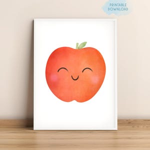 Niedlicher Apfel-Kindergarten, Obst druckbares Poster, Lächelnder Apfel, Neutrales Kleinkind-Kinderzimmer, Kinder-Obst-Kawaii-Kunst