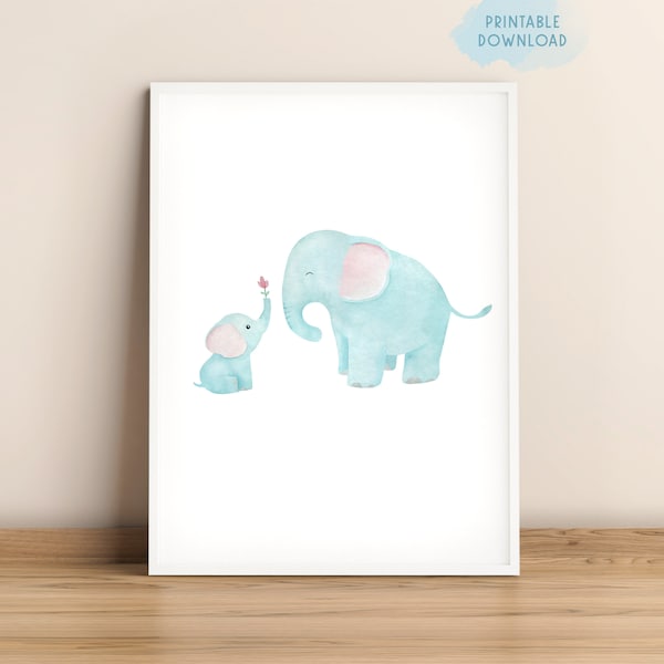 Mommy and baby elephant print, Watercolor nursery decor, Safari animals poster, Mommy and me printable, Neutral nursery, Mother's day gift