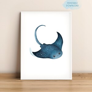 Manta ray watercolor print, Sea life printable, Ocean nursery wall art, Under the sea animal poster, Kids bathroom, Nautical baby room decor
