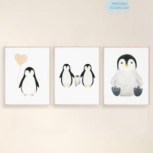 Juego de 3 lindas impresiones para habitación infantil, lindo póster de pingüino bebé, arte de pared de acuarela, decoración de globo de corazón de pingüino, imprimible de familia de pingüinos
