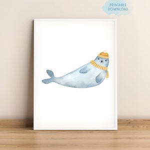 Robbe Kinderzimmer Druck, Polar Tiere Wandkunst, Baby Tier Poster, druckbare Kinder Spielzimmer Dekor, Winter Schal Mütze
