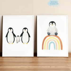 Set of 2 animals nursery prints, Cute baby rainbow penguin printable poster, Penguin family nursery decor, Kids neutral watercolor wall art