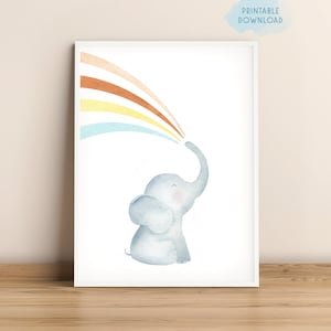 Elephant rainbow nursery wall art, Cute printable kids room decor, Neutral nursery, Boho rainbow and baby elephant watercolor painting