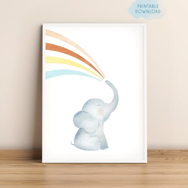 Elephant rainbow nursery wall art, Cute printable kids room decor, Neutral nursery, Boho rainbow and baby elephant watercolor painting