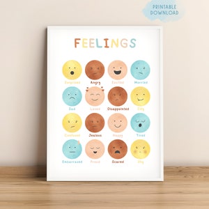 Sentimientos imprimibles, arte de pared educativo para niños, gráfico de emociones del arco iris, decoración de escuela en casa Montessori, está bien sentir, decoración de pared de aula