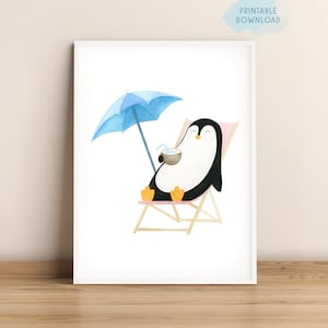 Süßer Pinguin chillt am Strand, Kinderzimmer Wandkunst, Kinder Poster, Aquarell Kunst, Baby Tiere Poster, Sommer Vibes, Poster zum Ausdrucken