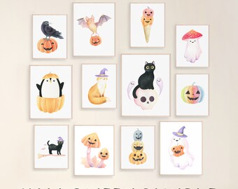 ハロウィンのウォールアートセット、12枚のニュートラルな保育園用印刷物セット、子供向けのかわいい不気味な水彩画ポスター、かわいい動物の壁飾り、秋