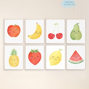Set of 8 cute fruit prints, Kids fruit kawaii art, Toddler playroom decor, Smiling fruit bundle, Summer nursery printables, Fruit posters