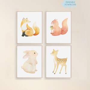 Set of 4 forest animal prints, Woodland animal poster, Cute nursery printable wall art, Kids playroom decor, Autumn baby animal print