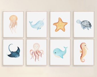 Set of 8 sea animal prints, Under the sea nursery wall art, Kids playroom decor, Nautical ocean animal bundle, Boy girl nursery printables