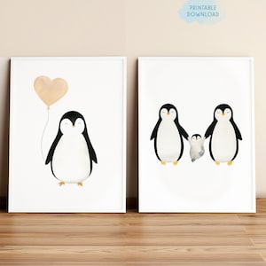 Set of 2,  Animals nursery prints, Penguin family printable poster, Penguin heart-shaped balloon nursery decor, Kids watercolor wall art