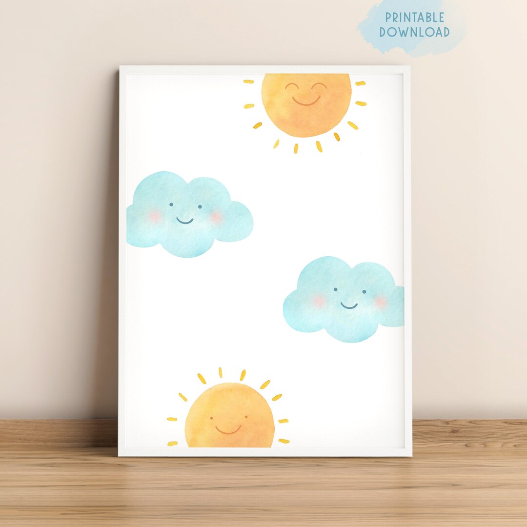 Cute Sun and Clouds Print, Watercolor Nursery Wall Art, Neutral Colors ...
