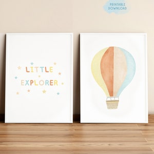 Poster stampabile del piccolo esploratore, set di 2 stampe per vivaio, arredamento per vivaio Avventura, arte da parete ad acquerello per bambini, stampa mongolfiera arcobaleno