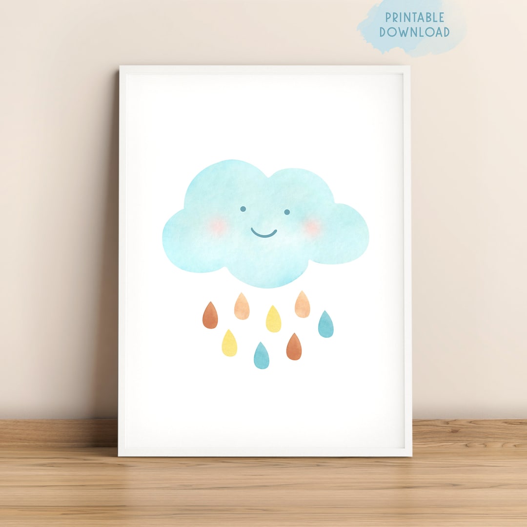 Rain Cloud Wall Art, Printable Nursery Decor, Happy Boho Cloud With ...