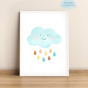 Peut inclure: Une illustration imprimable d'un nuage bleu souriant avec des gouttes de pluie de différentes couleurs, dont l'orange, le jaune et le bleu.