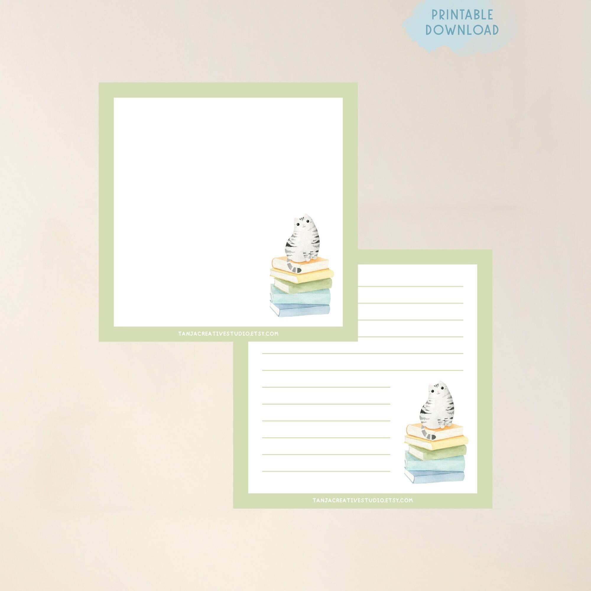 Cute Kawaii Cat Memo Pad, Printable Stationery, Green Memo Pad, Kids ...