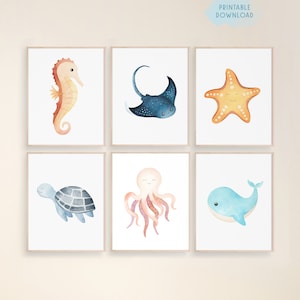 Paquete de animales marinos, Conjunto de 6, Arte de la pared del vivero bajo el mar, Decoración de la sala de juegos para niños, Estampados náuticos de animales del océano, Imprimibles de guardería para niños y niñas
