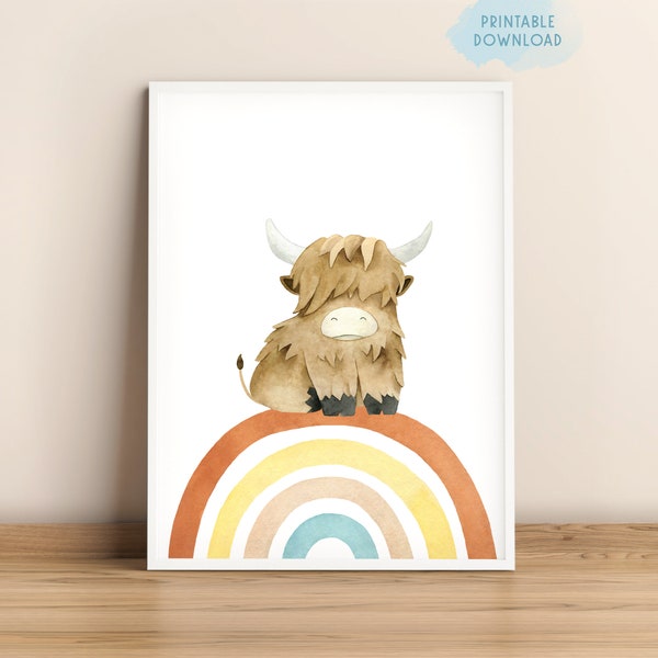 Highland cow nursery printable download, Rainbow watercolor wall art, Cute scottish highland cattle print, baby farm animal nursery decor